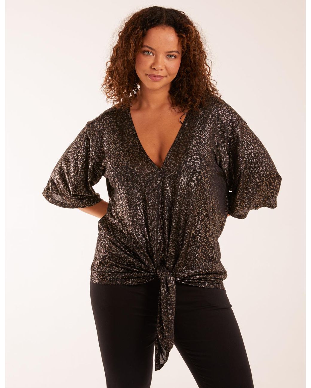 Blue Vanilla Black Leopard V Neck Tie Front Top