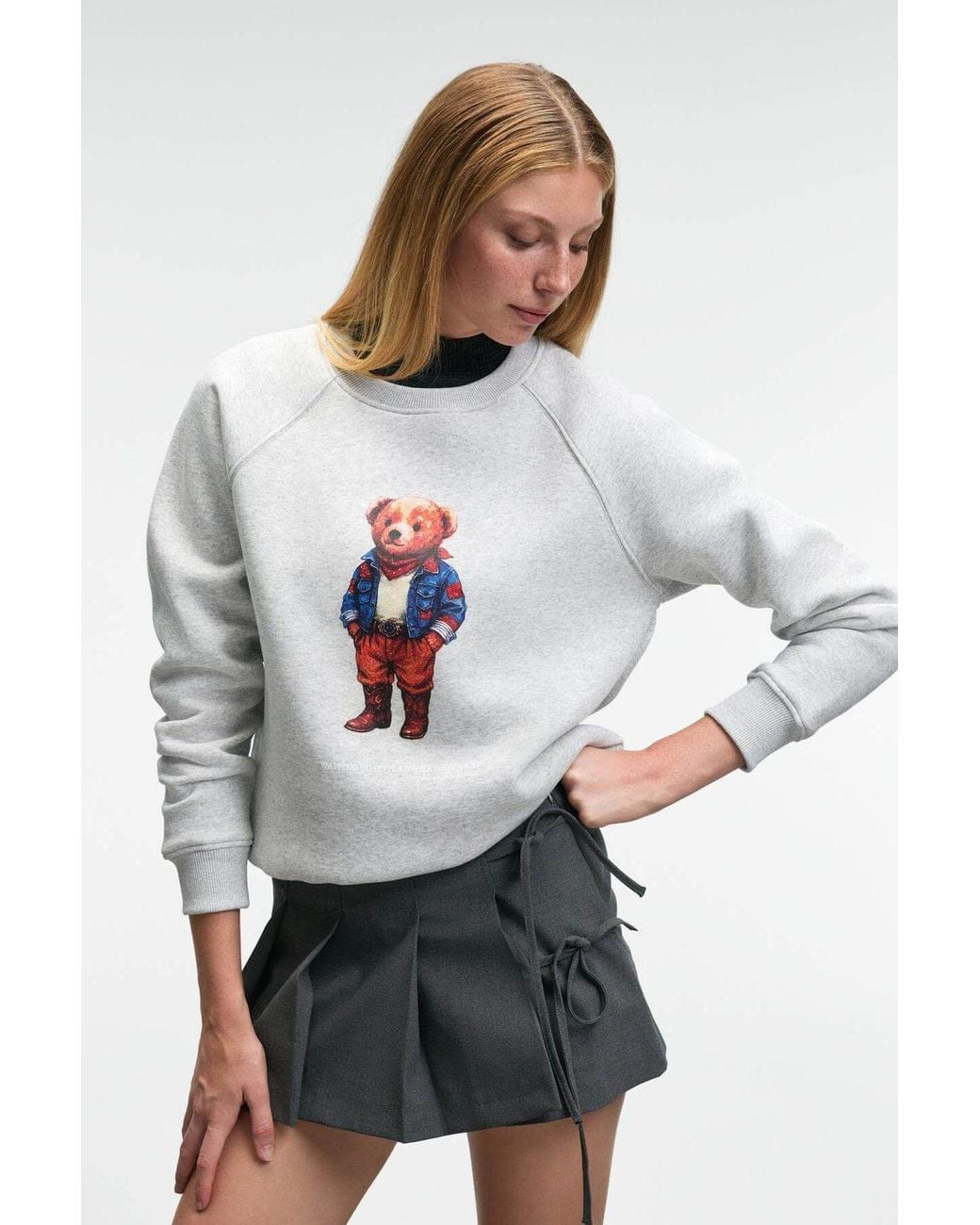 Grimelange Gray Oversized Printed Crew Neck Sweatshirt