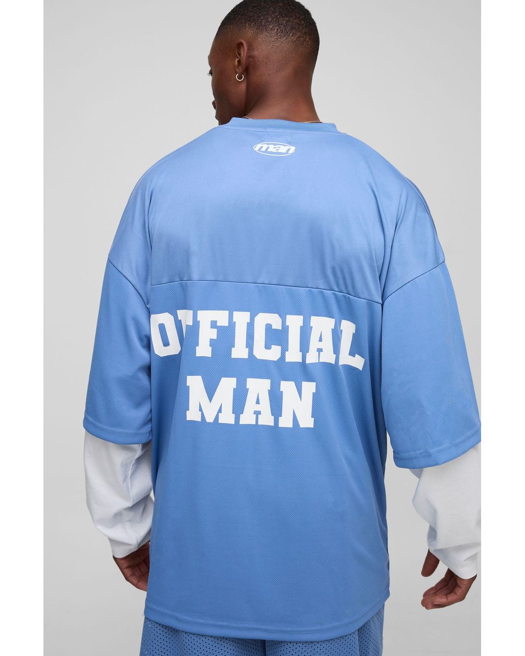 BoohooMAN Blue Oversized Official Faux Layer Mesh Hockey Top for men