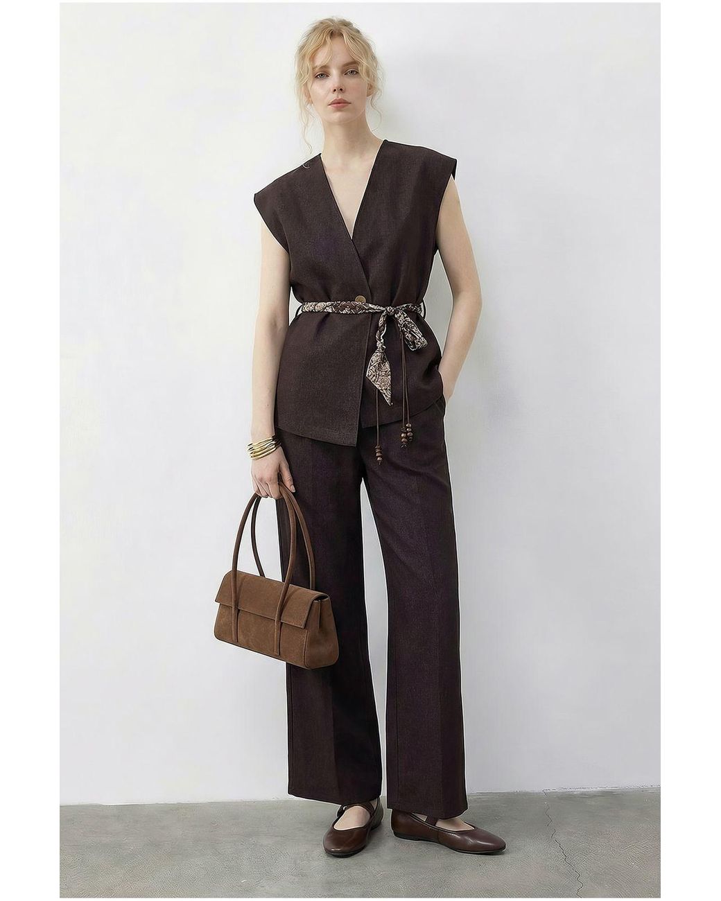 Bianco Lucci Multicolor Vest And Pants Two-Piece Set With Belt Detail