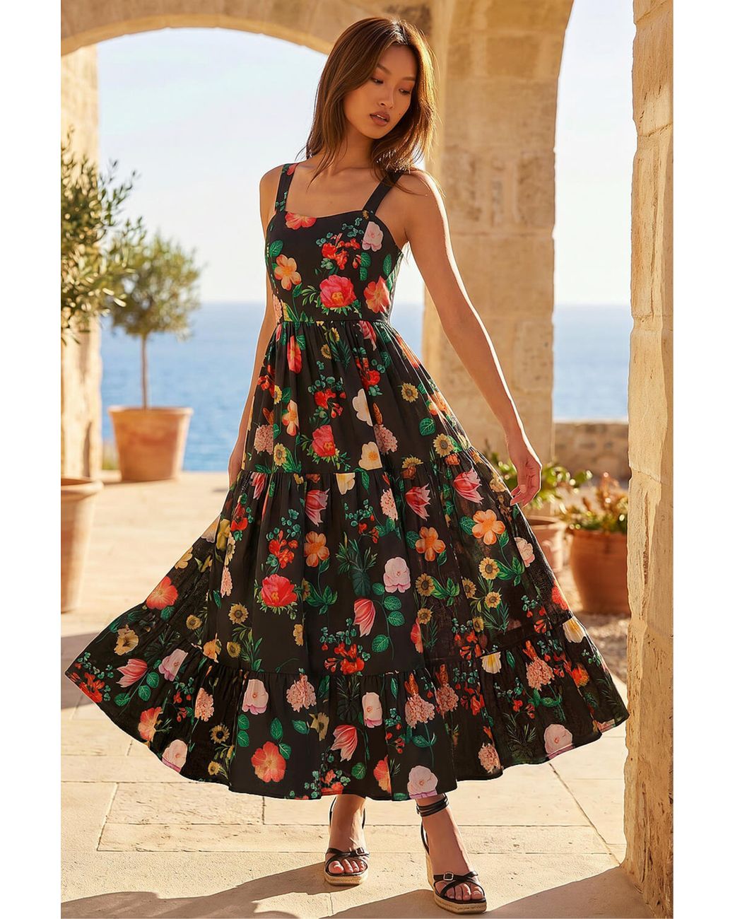 Roman Black Floral Print Tiered Midi Dress