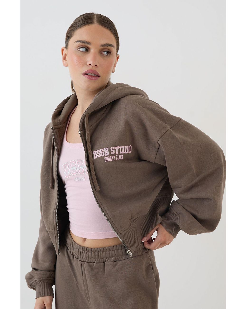DSGN Studio Brown Applique Boxy Crop Zip Through Hoodie