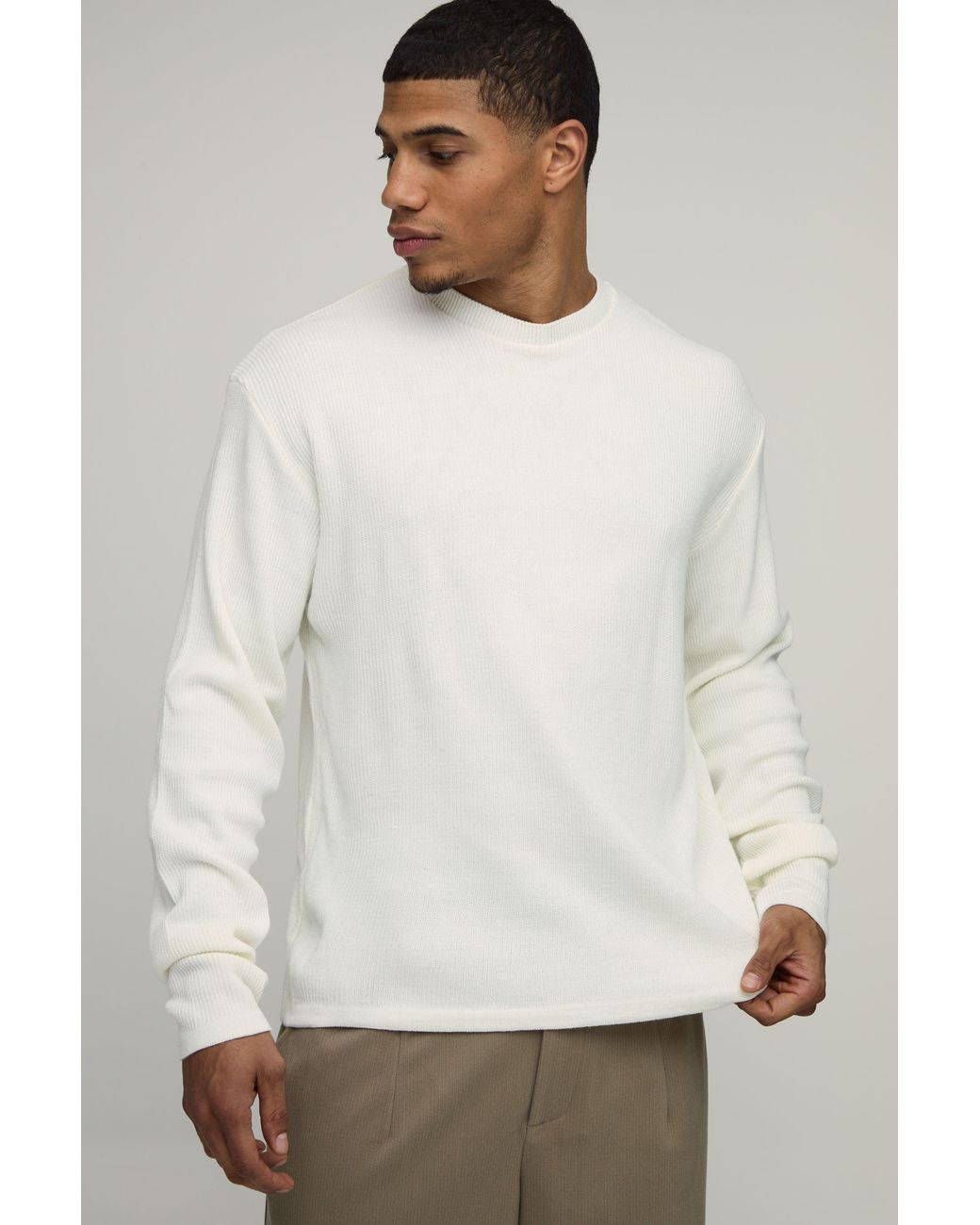 BoohooMAN White Regular Fit Long Sleeve Soft Touch Rib Knitted T-Shirt for men