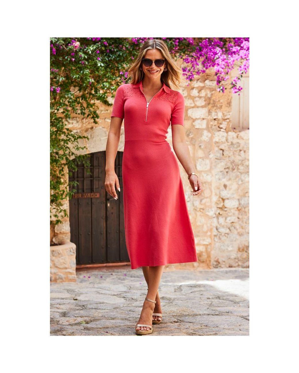 Sosandar Red Knit Fit & Flare Dress With Lace Detail