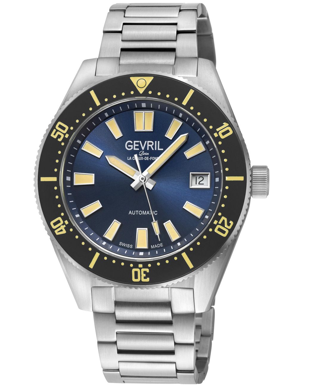 Gevril Gray Mariner Row Automatic, Ss Case, Bezel, Dial, 316L Stainless Steel Satin Bracelet Watch for men