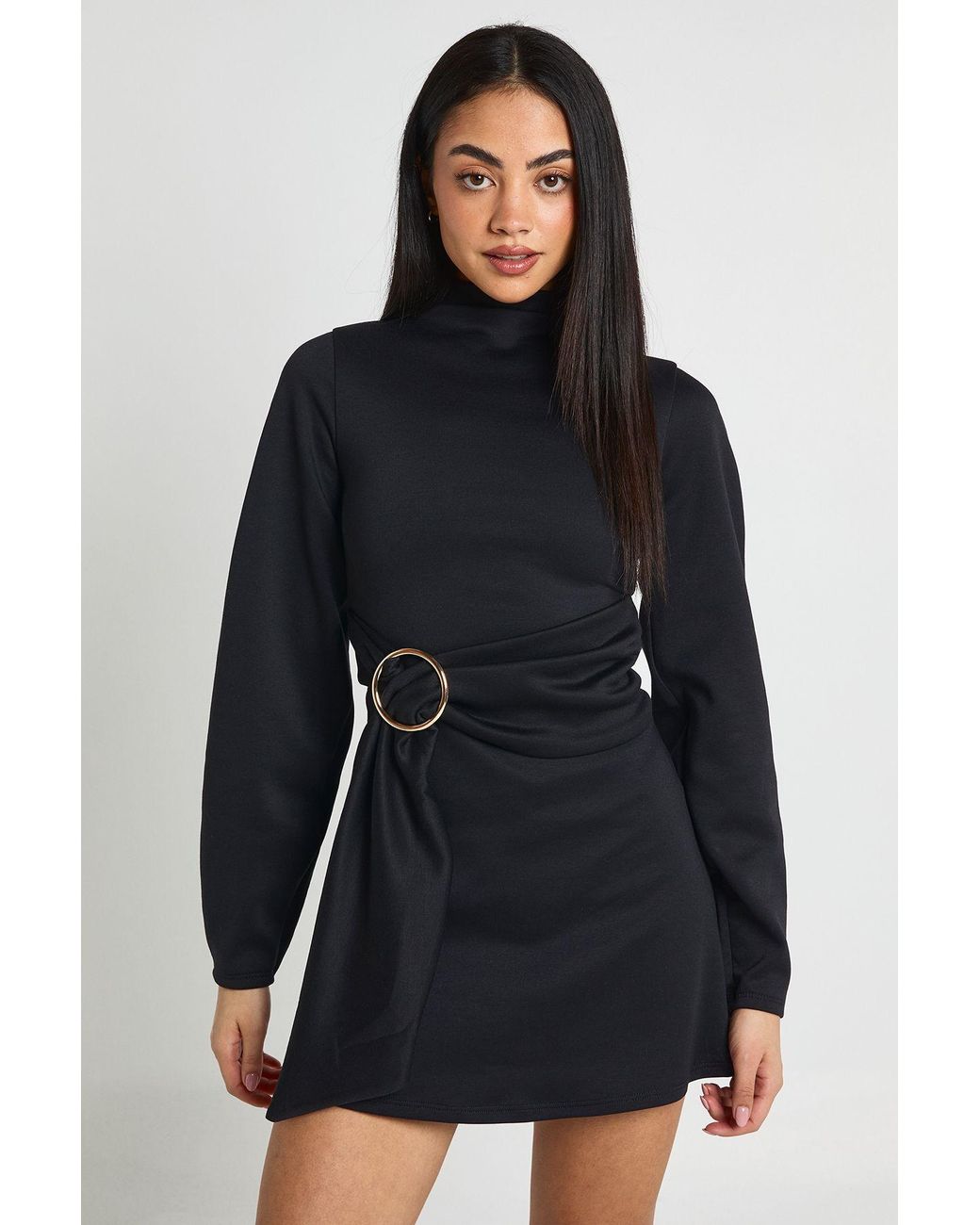 Boohoo Black Grown On Neck Belted Shift Dress