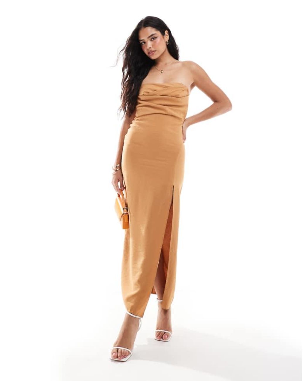 ASOS White Bandeau Pleat Midi Dress With Split