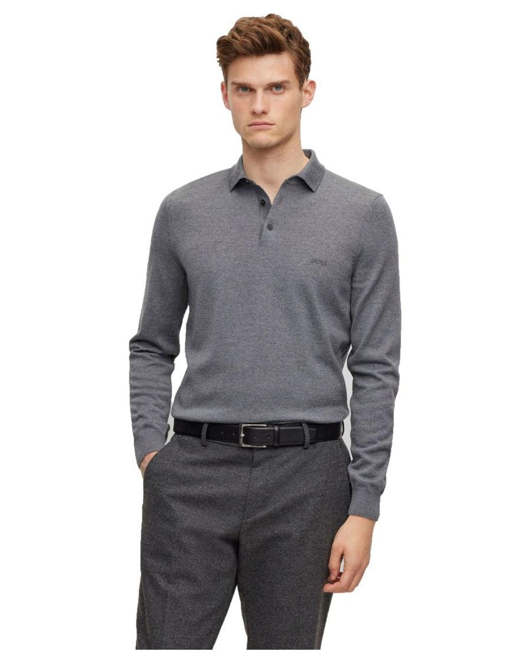 Boss Gray Bono-L Long Sleeved Polo Shirt Medium Cotton for men