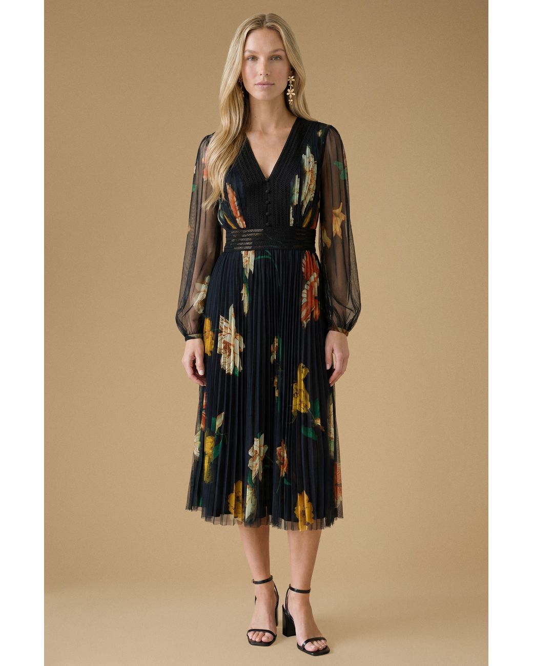 Oasis Natural V Neck Button Detail Floral Mesh Midi Dress