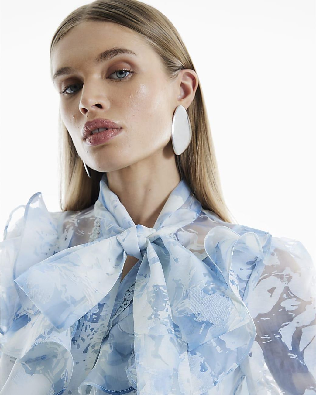 River Island Blue Shirt Floral Print Tie Neck Embroidered Viscose