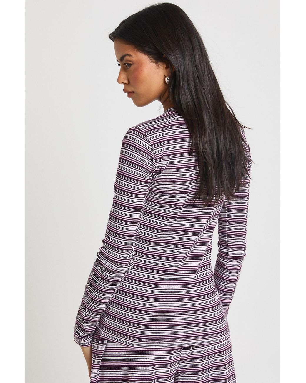 Boohoo Purple Stripe Rib Button Through Long Sleeve Top