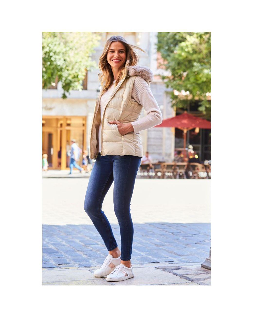 Sosandar Natural Stone Faux Fur Trim Padded Gilet With Zip Pockets