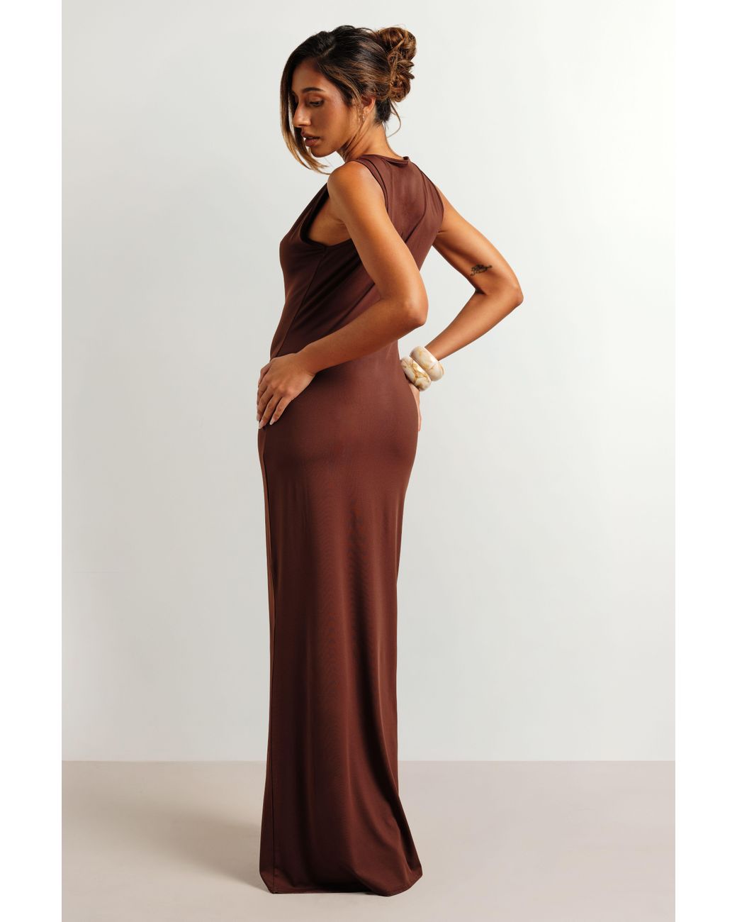 Boohoo Brown Basic Slash Neck Super Soft Maxi Dress