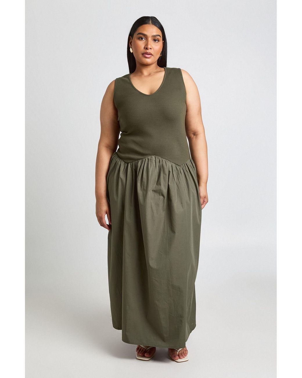 Boohoo Green Plus Rib Cotton Mix Dropped Hem Maxi Dress