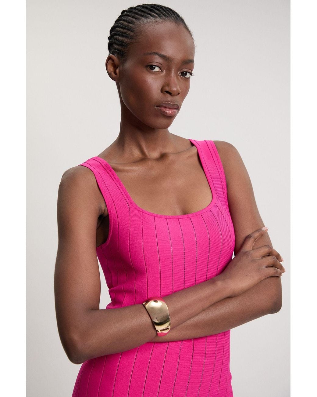 Karen Millen Pink Compact Stretch Square Neck Knitted Flippy Dress