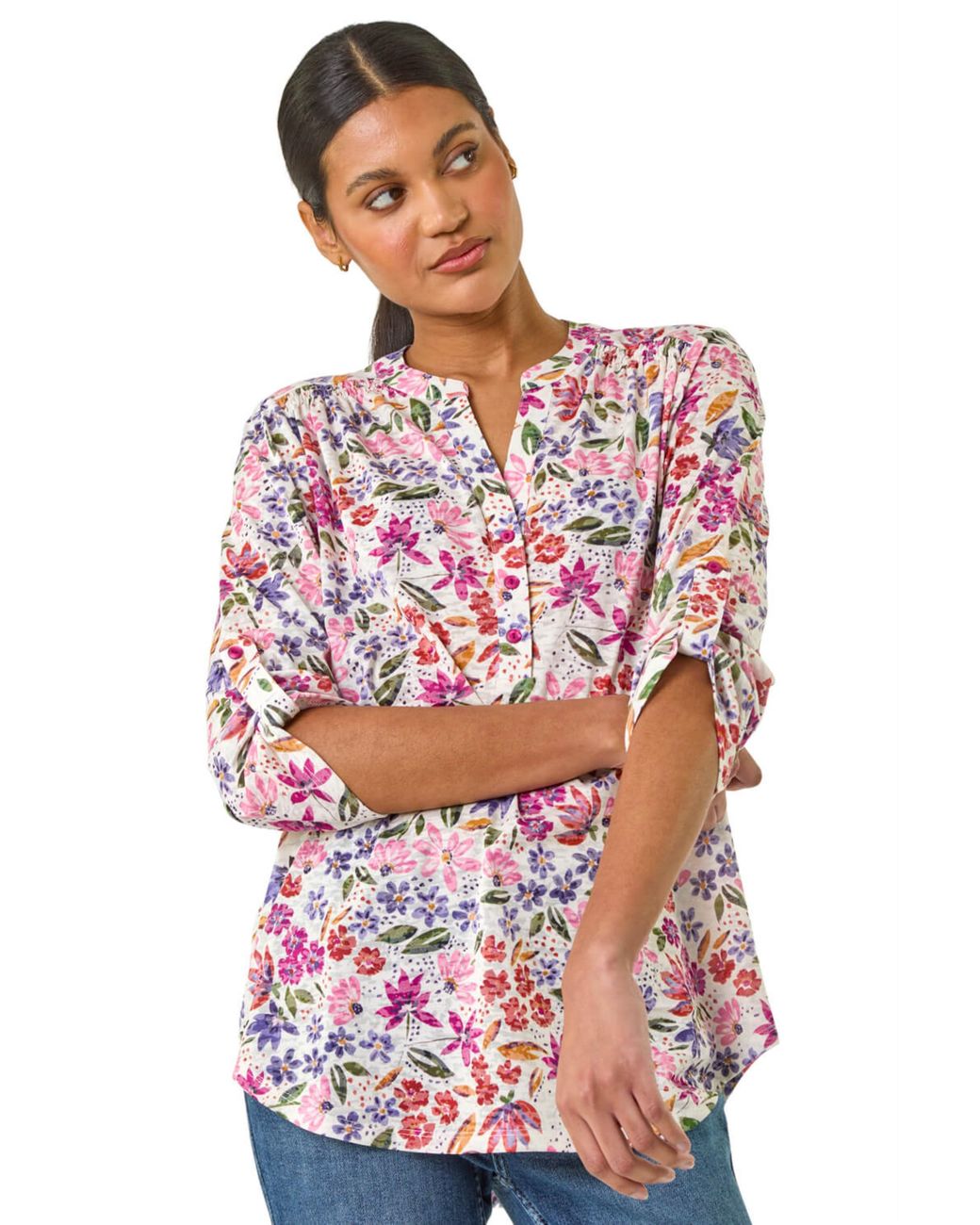 Roman Red Floral Print Burnout V-Neck Top