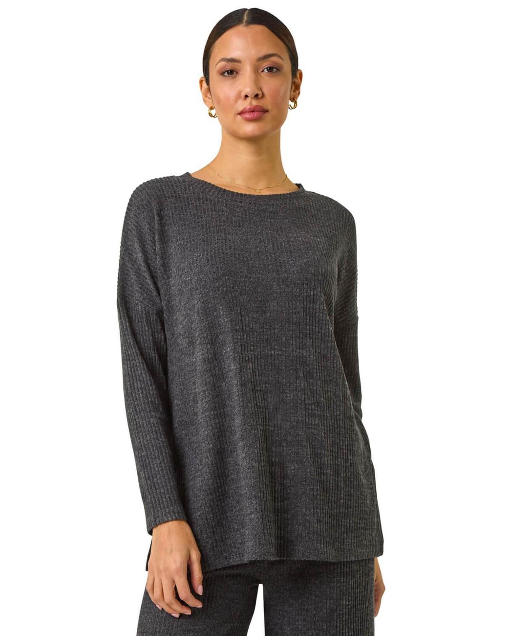 Roman Black Relaxed Ribbed Side Split Top