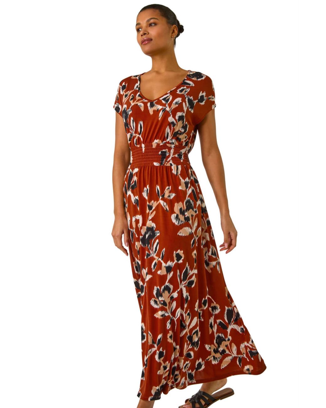 Roman Red Abstract Stretch Ruched Waist Maxi Dress