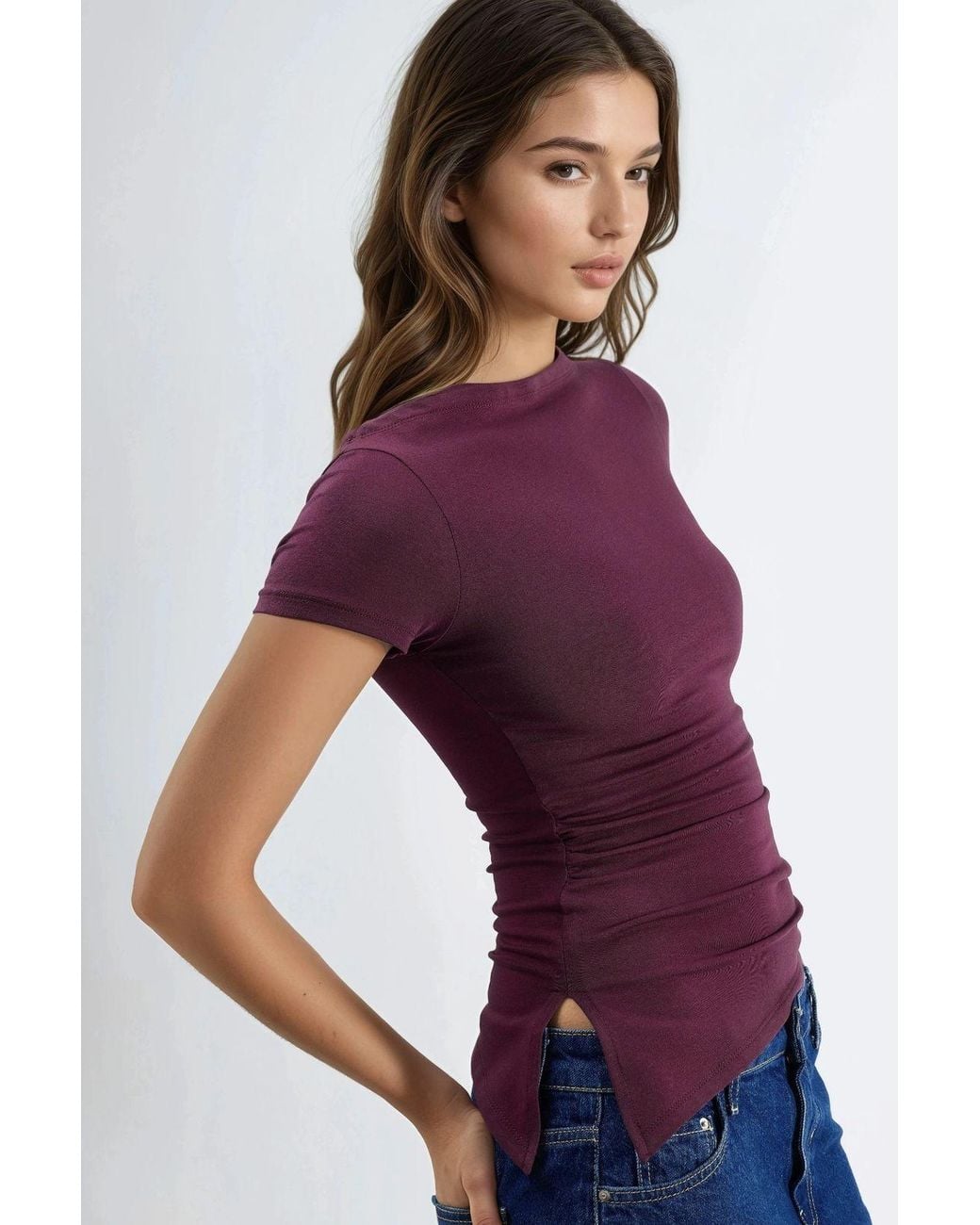 Busem Purple Slim Fit Slit Detailed Draped Blouse