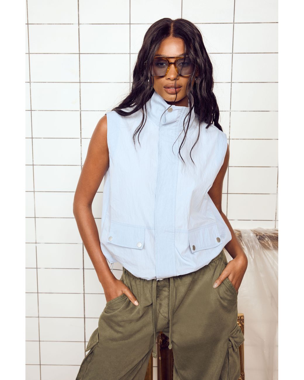 Boohoo Blue Funnel Neck Sleeveless Zip Through Top