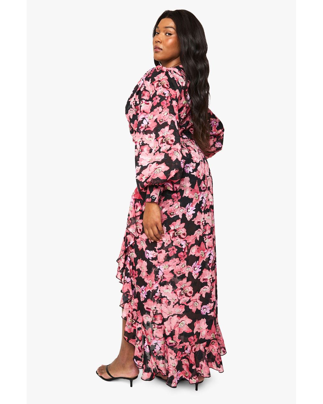 Boohoo Red Plus Floral Ruffle Wrap Maxi Dress