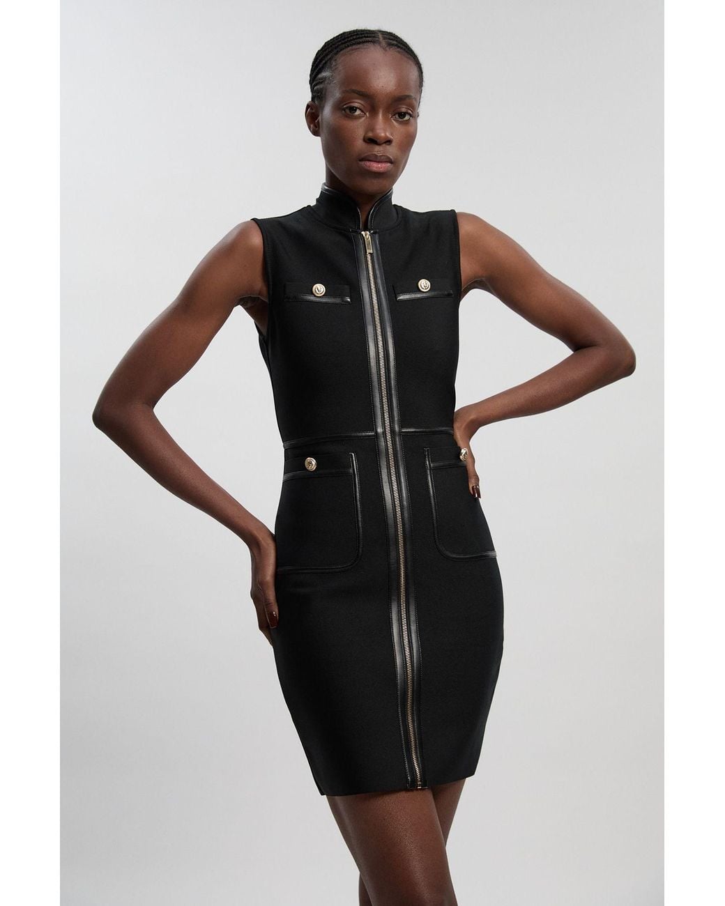 Karen Millen Black Sleeveless Pu Tipped Military Bandage Mini Dress