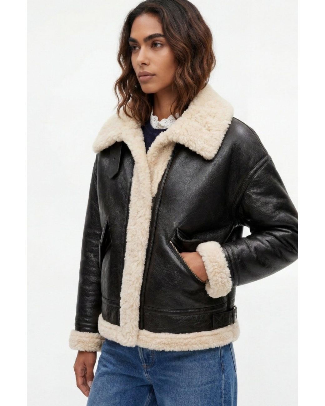 Elle Black Jocelyn Faux-Shearling Aviator Jacket