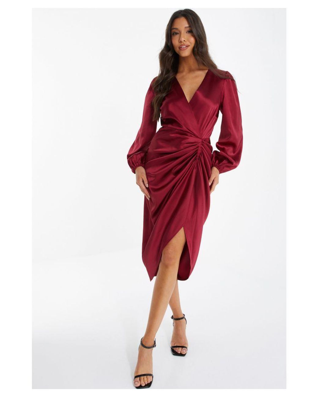 Quiz Satin Long Sleeve Ruched Midi Dress in Red Lyst UK