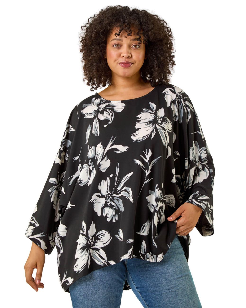 Roman Black Curve Floral Print Stretch Top