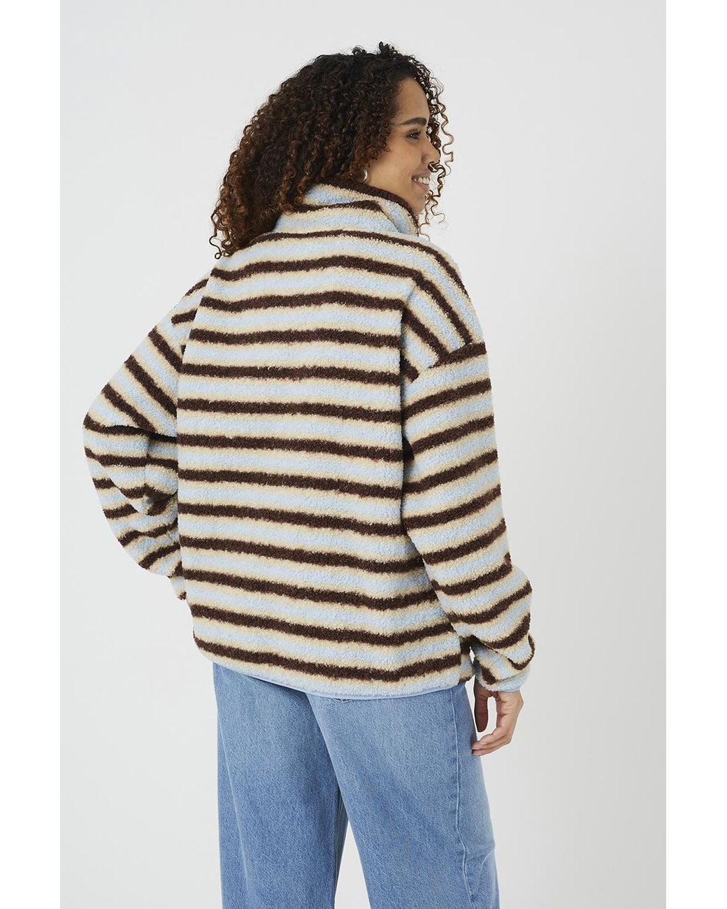 Brave Soul Gray Sherpa Fleece Striped Print Sweatshirt