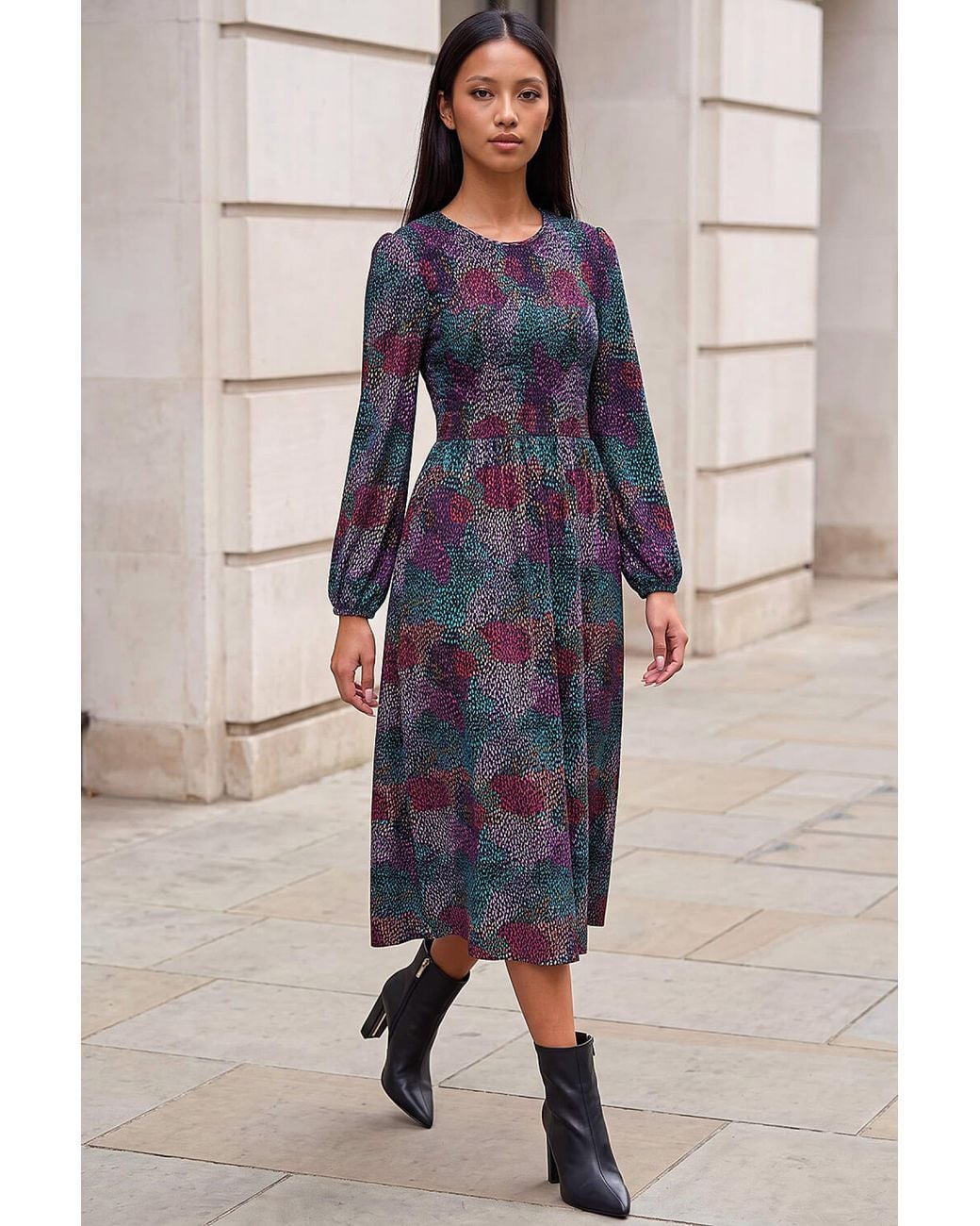 Roman Blue Petite Shirred Bodice Dress