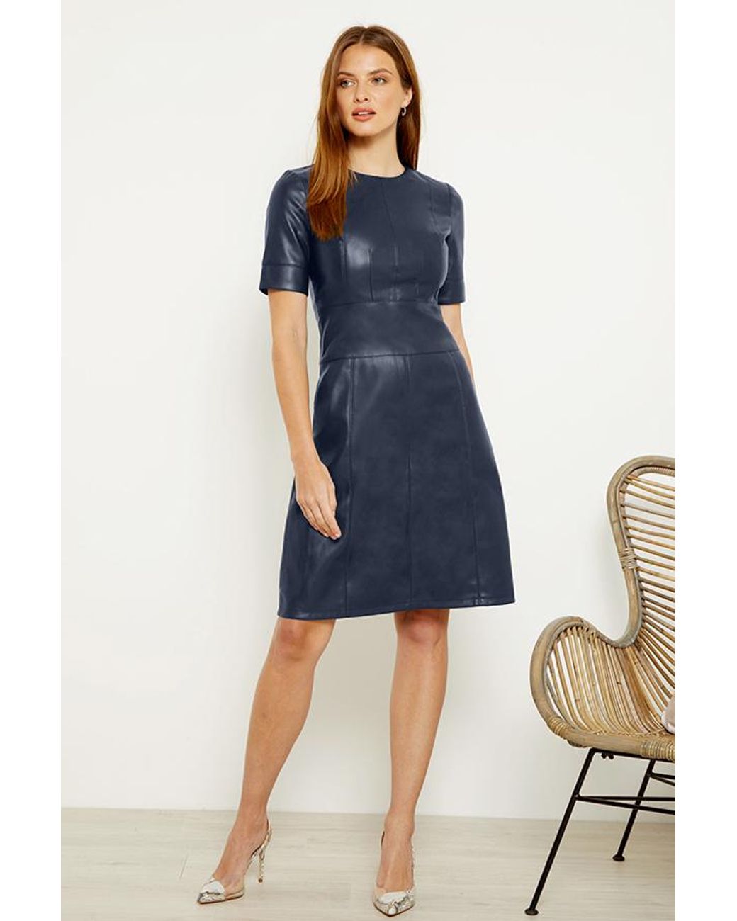 Sosandar Blue Leather Look Panelled Shift Dress
