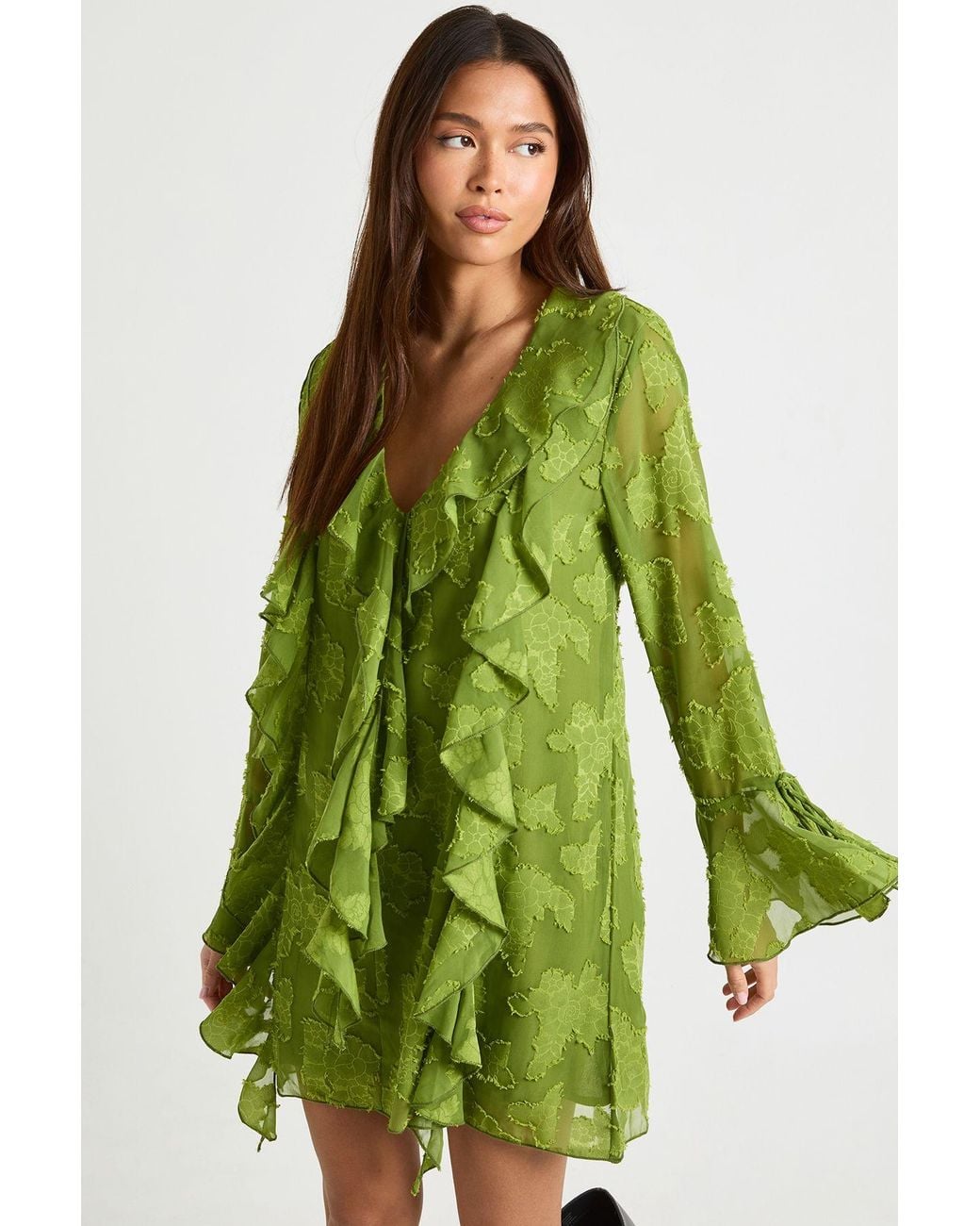 Boohoo Green Burnout Floral Ruffle Shift Dress