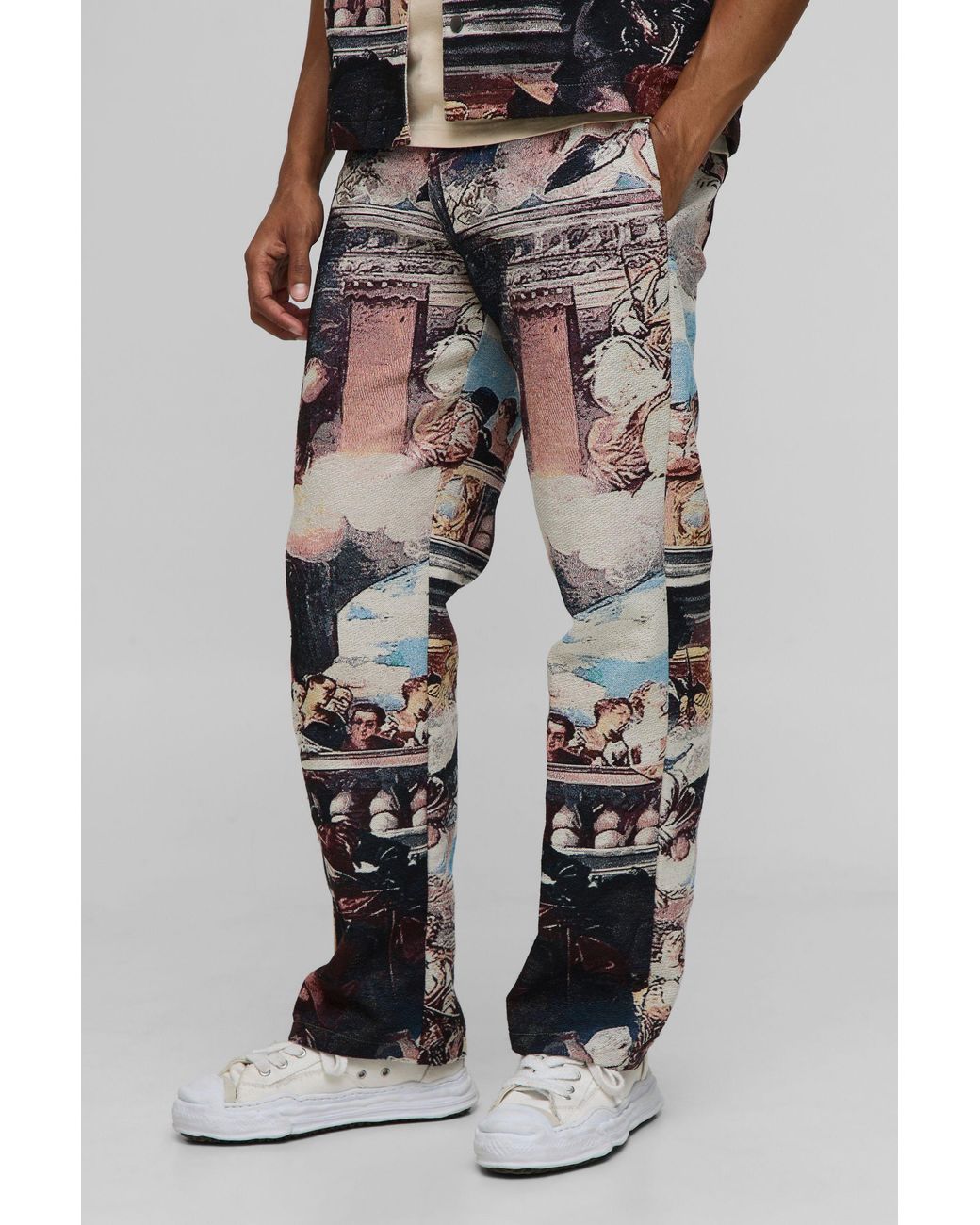 BoohooMAN Black Renaissance Tapestry Relaxed Fit Pants for men