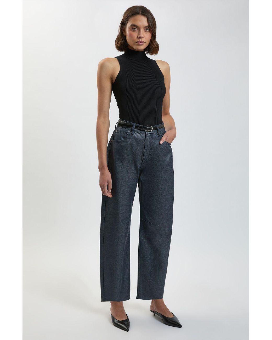 Karen Millen Blue Metallic Denim Coated Barrel Jean
