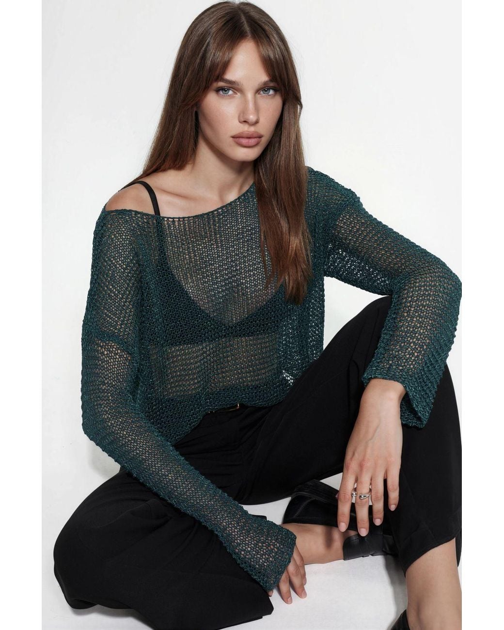 Hiccup Black Semi-Sheer Boat Neck Knit Sweater