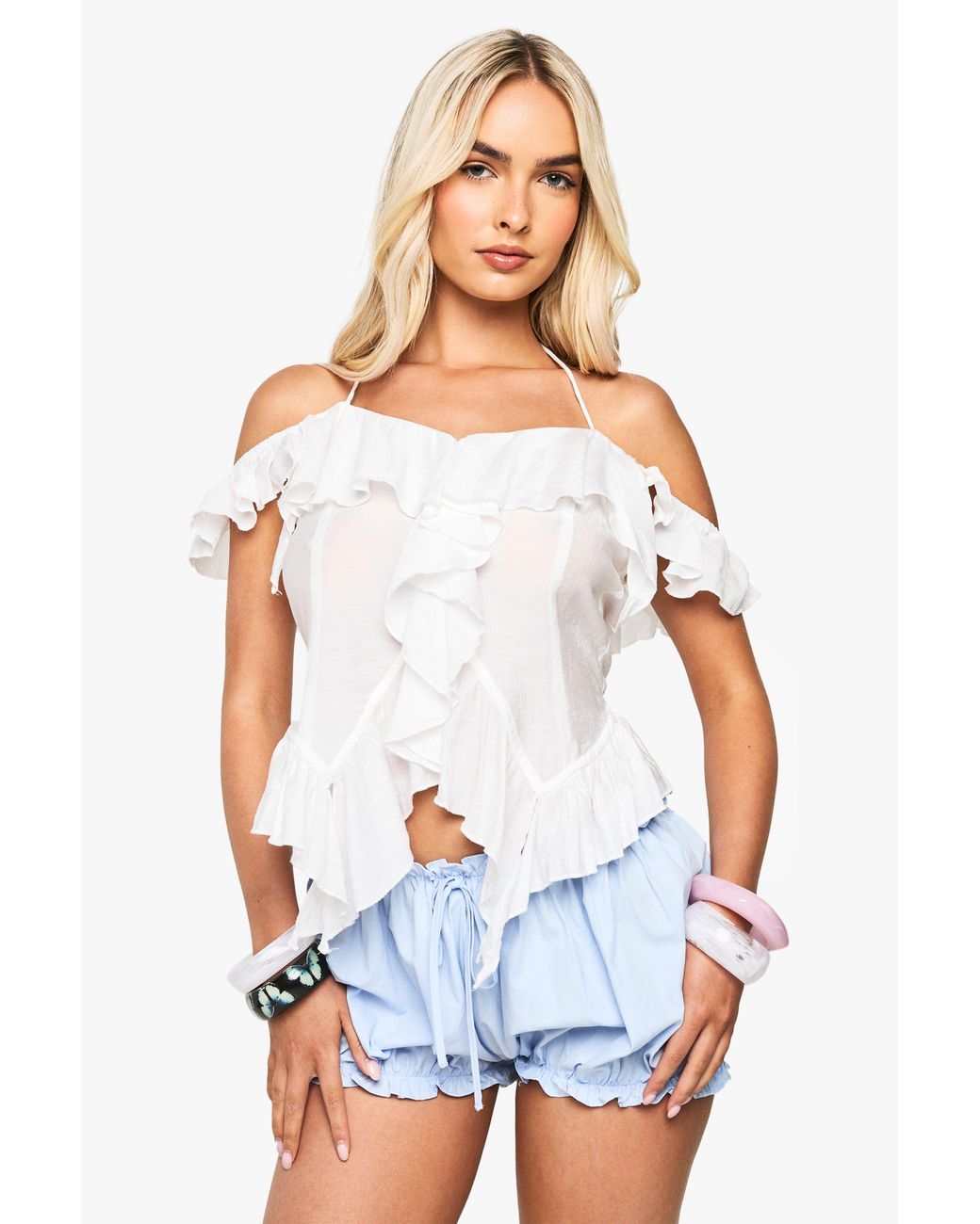 Boohoo White Woven Ruffle Top