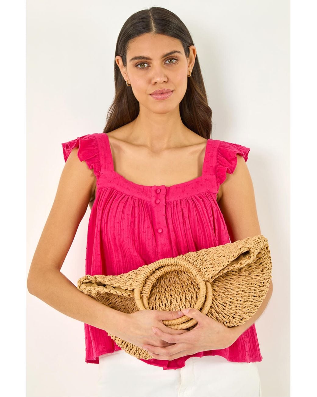 Roman Pink Textured Frill Sleeve Cami Top