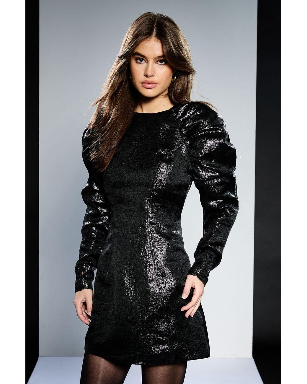 Runway Black 1.8.18 Ruched Shoulder Metallic Mini Dress