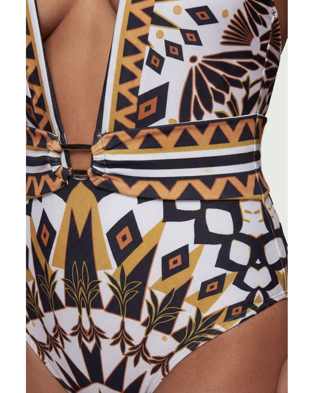 Karen Millen Natural Tile Print Plunge Swimsuit