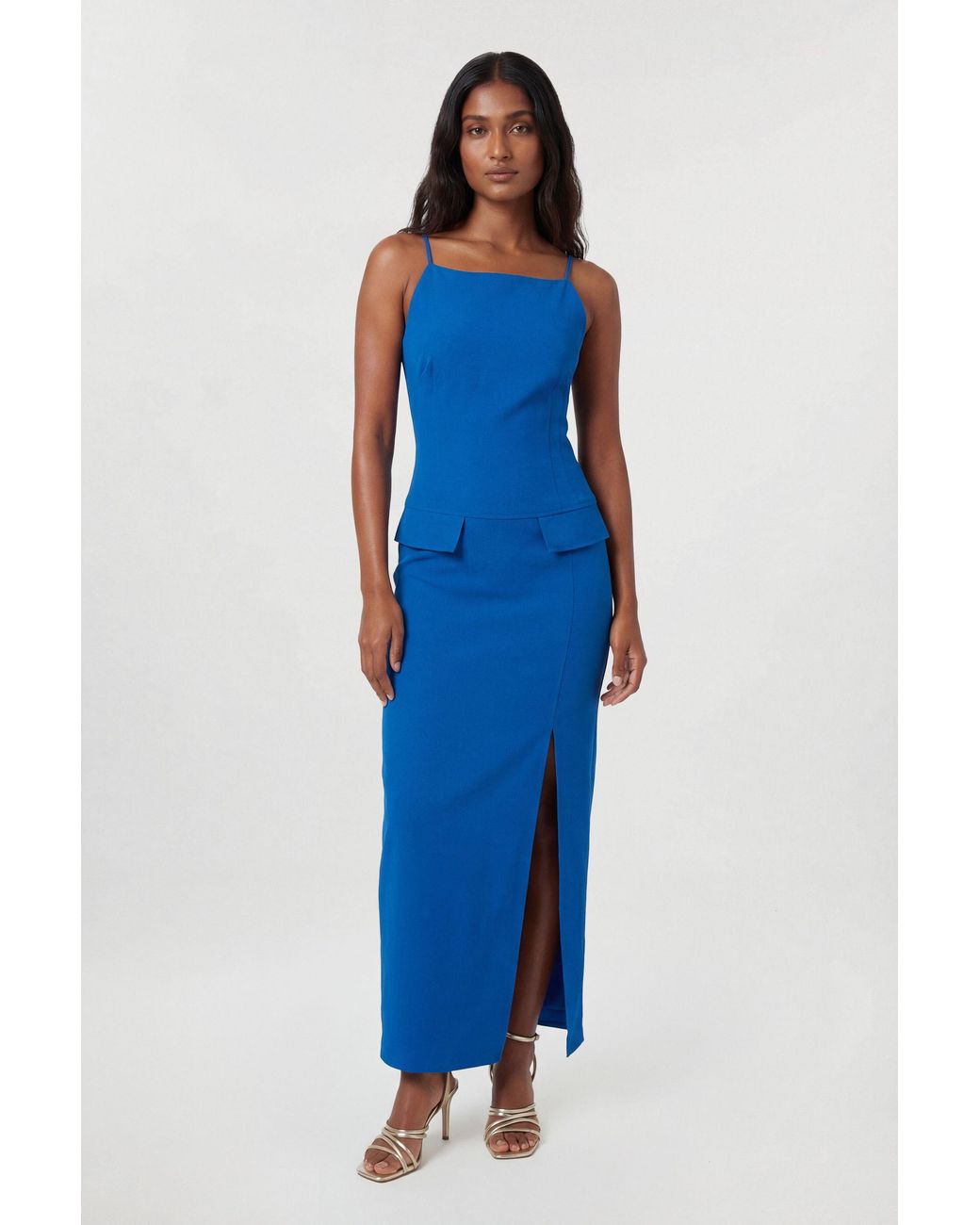 Karen Millen Blue Compact Stretch Stab Stitch Square Neck Tailored Pencil Maxi Dress