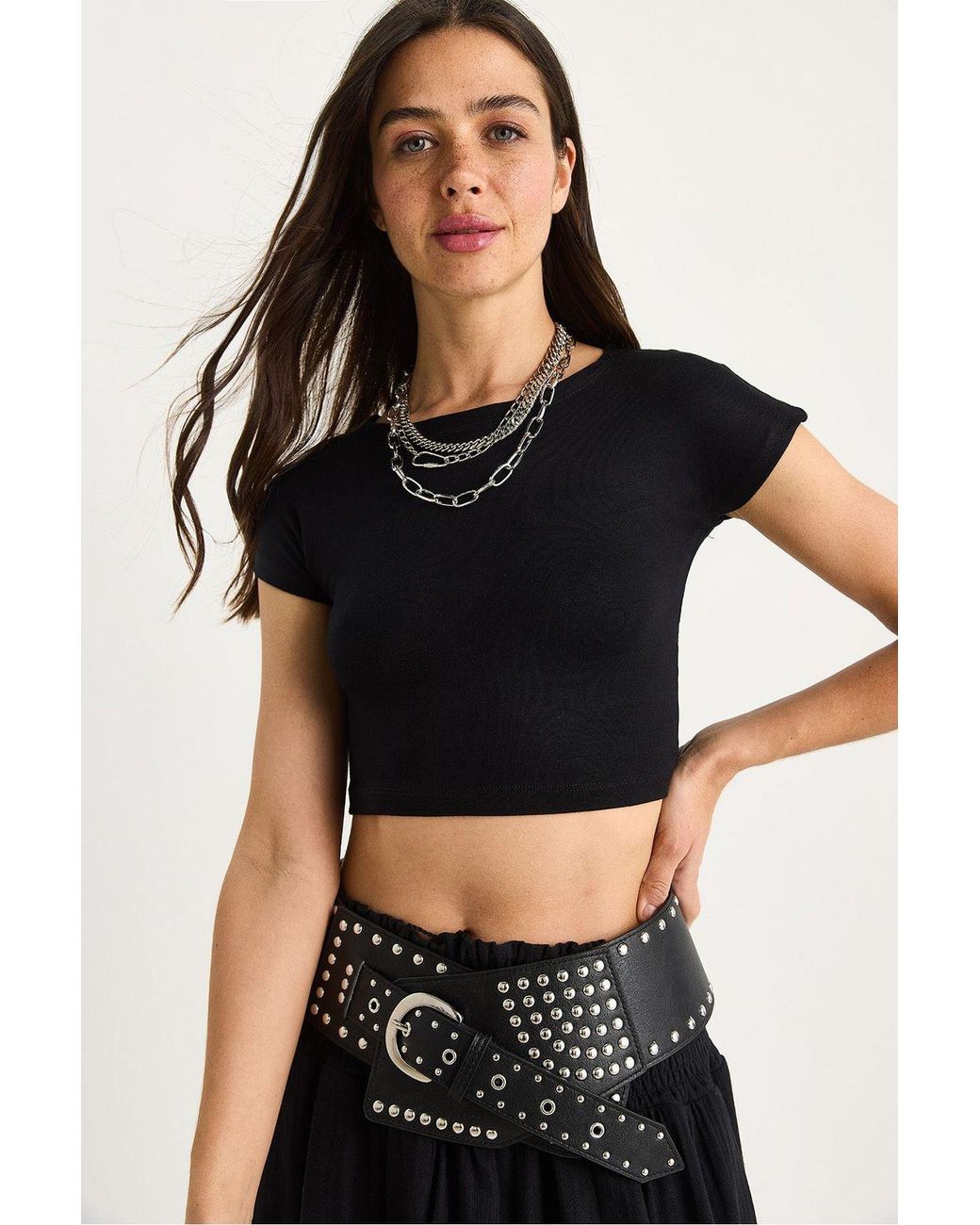 Bianco Lucci Black Basic Cotton Crew Neck Fitted Crop Top