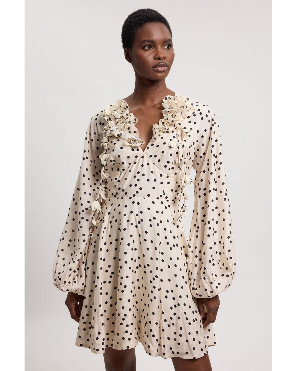 Karen Millen Natural Applique Spot Printed Woven Cold Shoulder Mini Dress