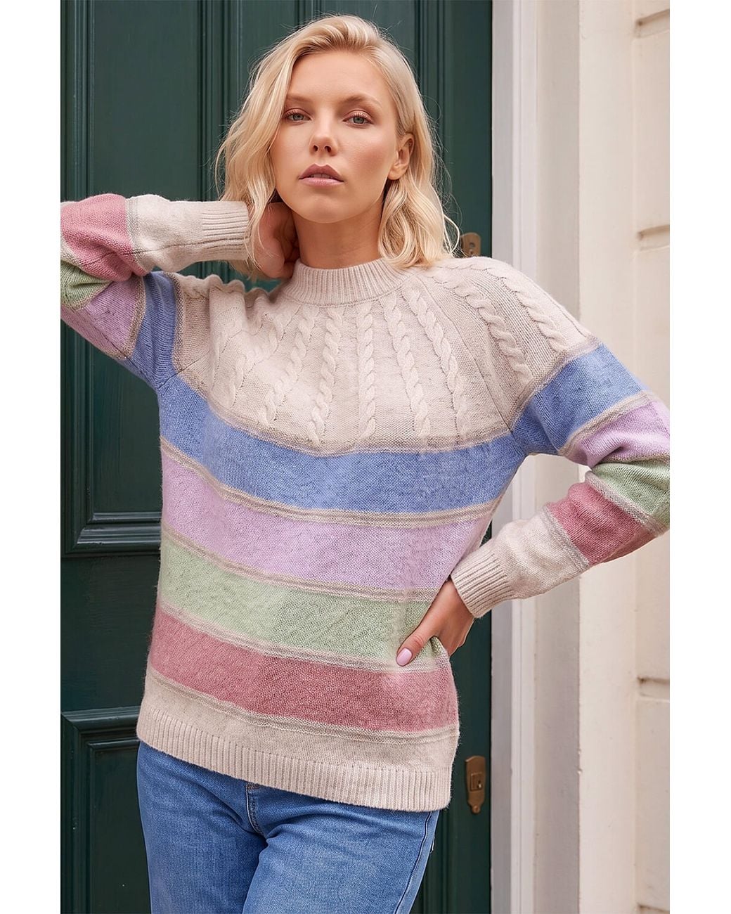 Roman Gray Petite Stripe Cable Knit Jumper