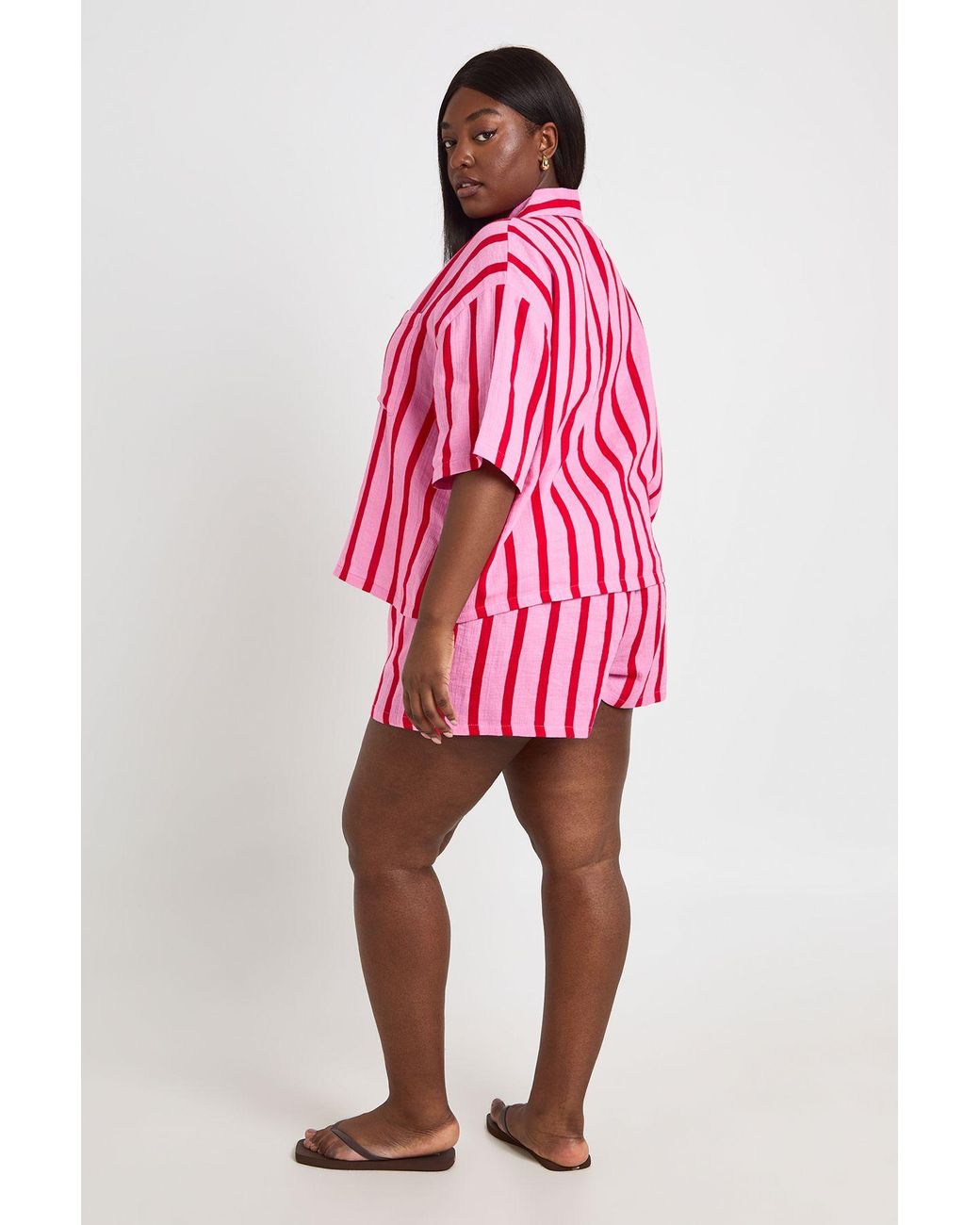 Boohoo Red Plus Stripe Cheesecloth Beach Shirt