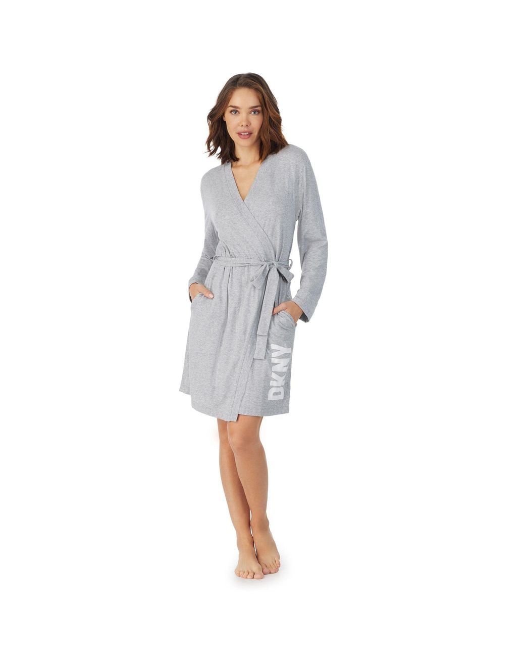 DKNY Gray Cotton Logo Short Robe Marl