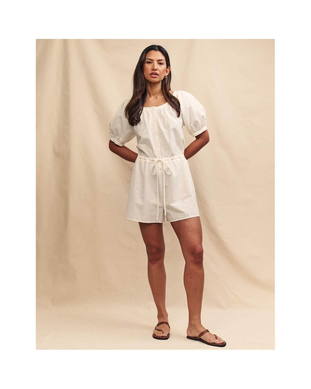 Nobody's Child Natural Nobodys Drawstring Short Puff Sleeve Solid Patterned Playsuit