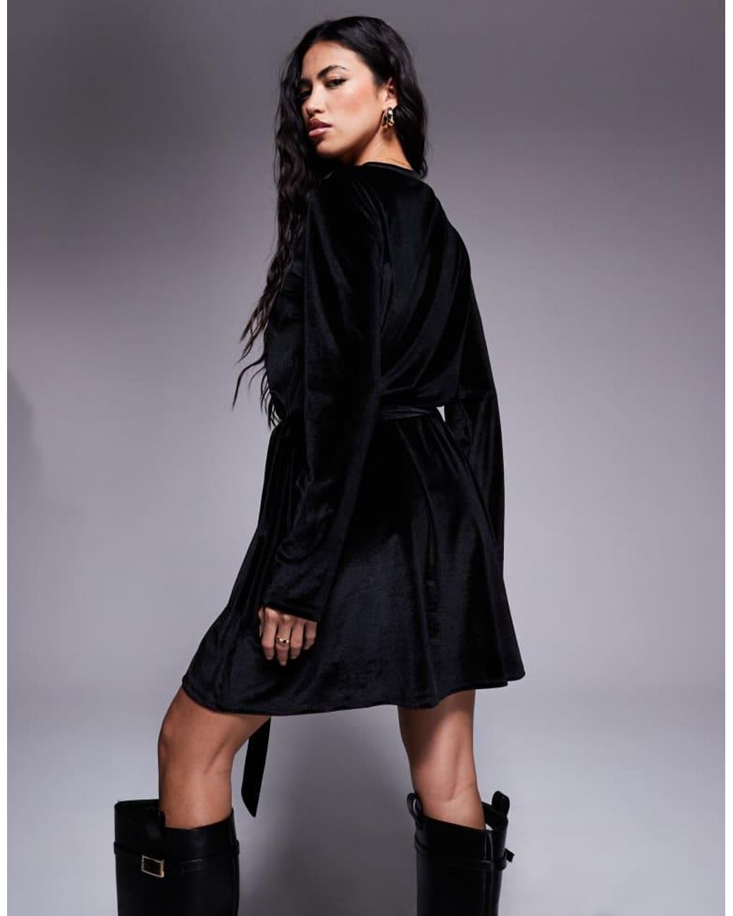 ASOS Black Velvet Cord Tie Waist Mini Dress