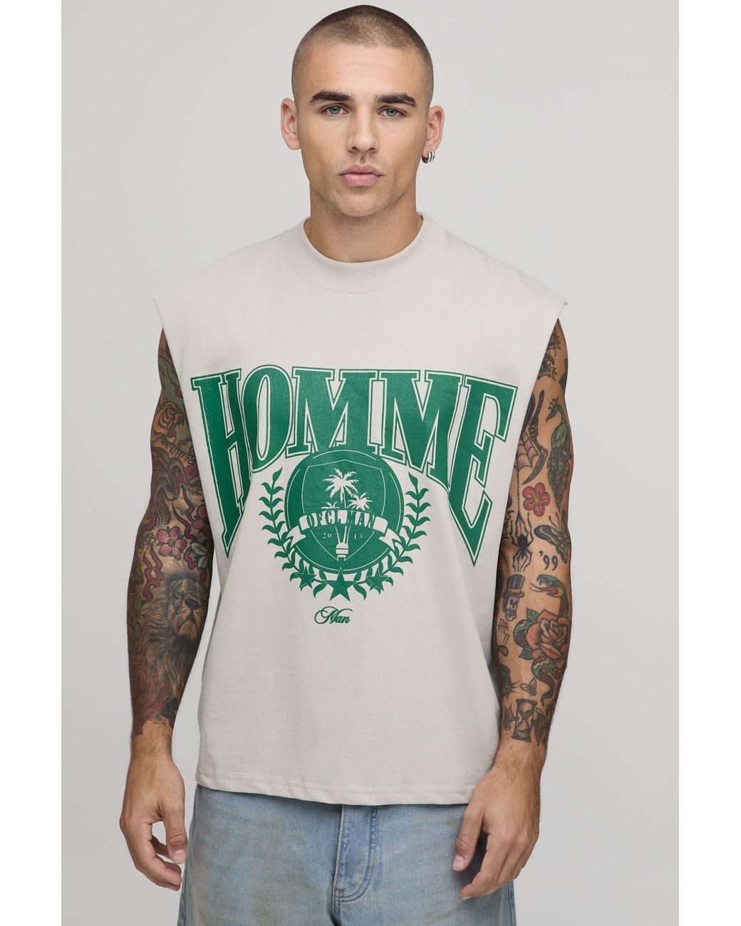 BoohooMAN Green Oversized Boxy Homme Graphic Tank for men