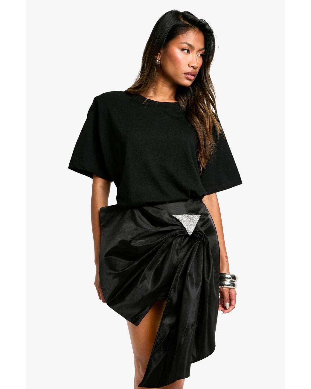 Boohoo Black Diamante Trim Taffeta Bow Skirt